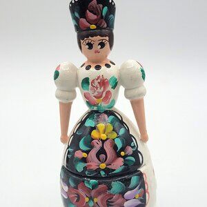 Original Vintage Hungarian Folk Art Costume Wooden Doll Hand Painted Trinket Box
